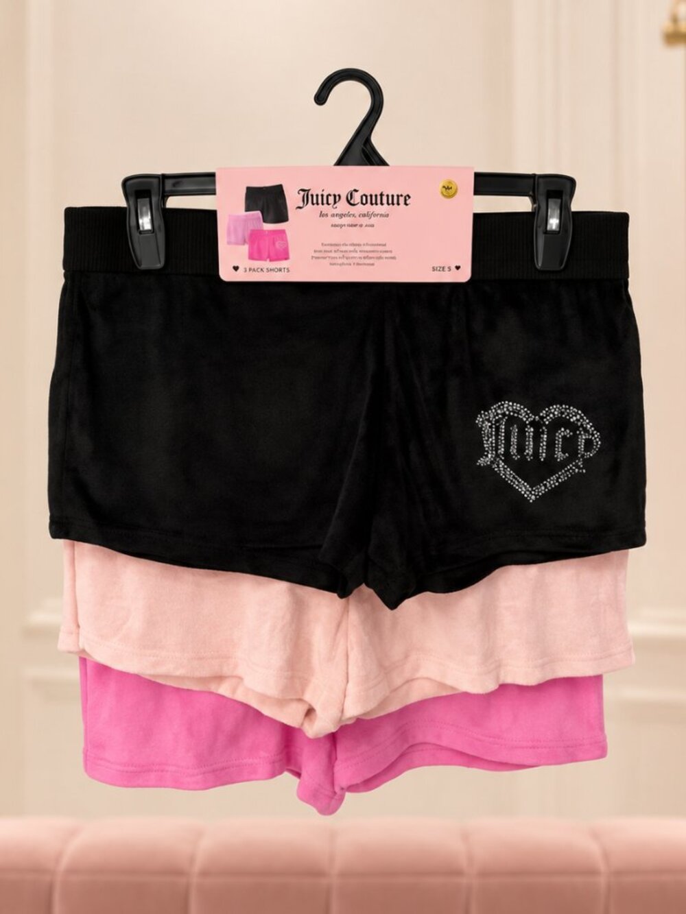 Juicy Couture 3-Pack Velour Lounge Shorts Black Pink Logo Size S NWT
